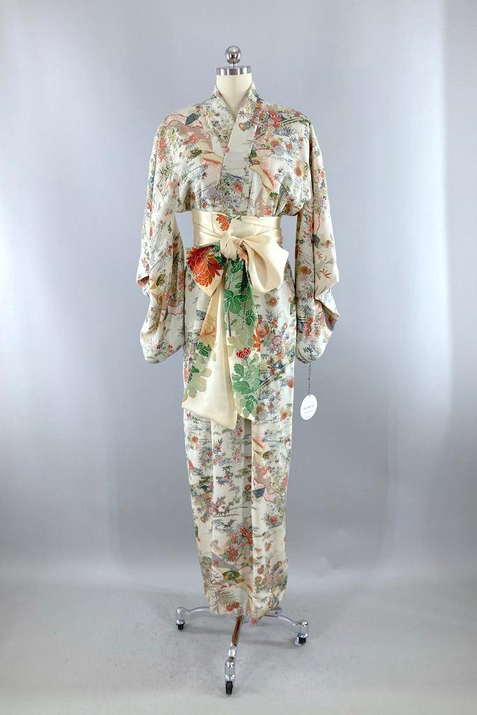 Vintage Light Grey Green Floral Silk Kimono Robe-ThisBlueBird