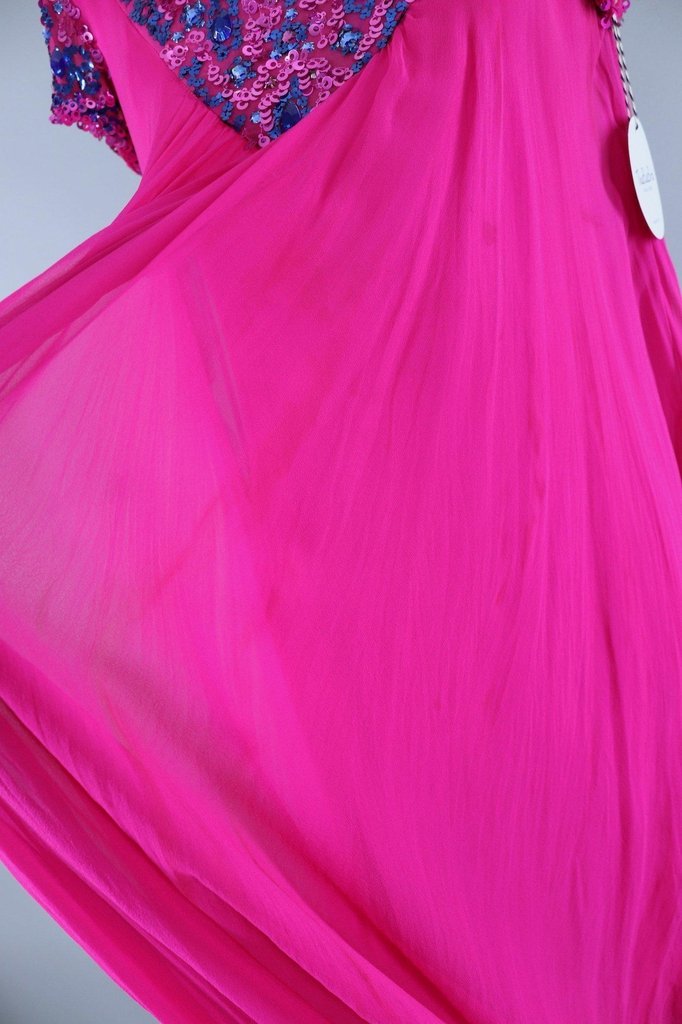 1960s Vintage Beaded Party Dress / Magenta Pink Chiffon - ThisBlueBird