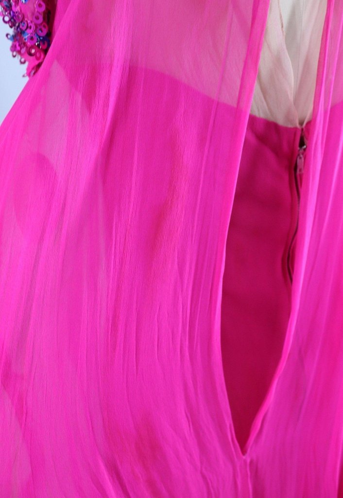 1960s Vintage Beaded Party Dress / Magenta Pink Chiffon - ThisBlueBird