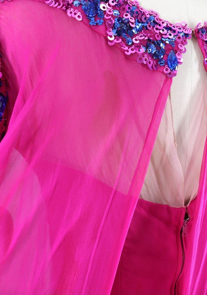 1960s Vintage Beaded Party Dress / Magenta Pink Chiffon - ThisBlueBird