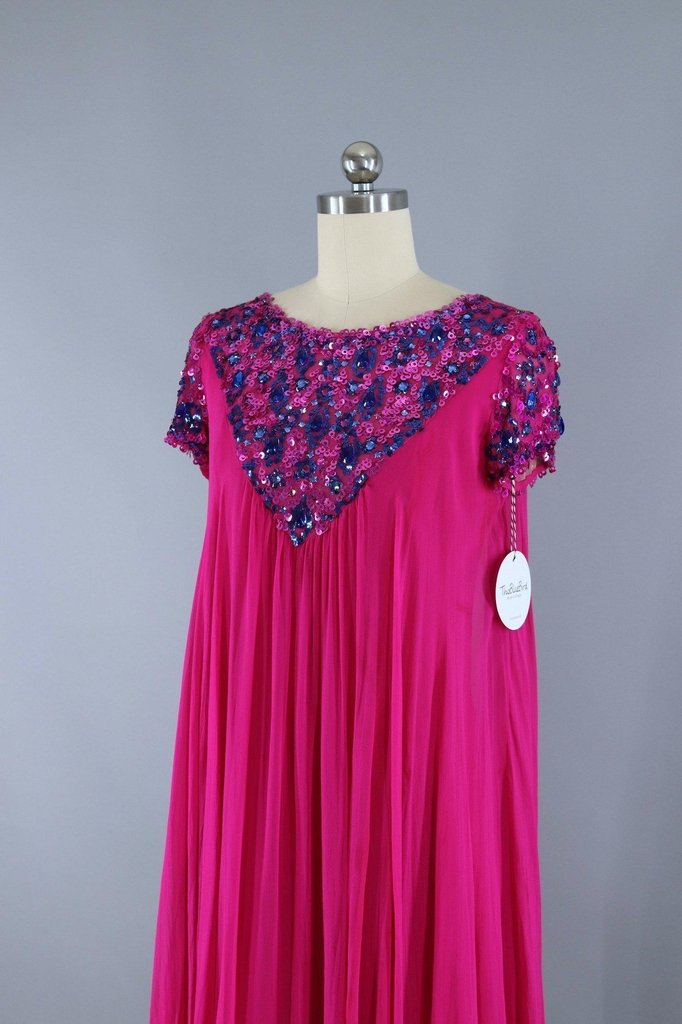 1960s Vintage Beaded Party Dress / Magenta Pink Chiffon - ThisBlueBird