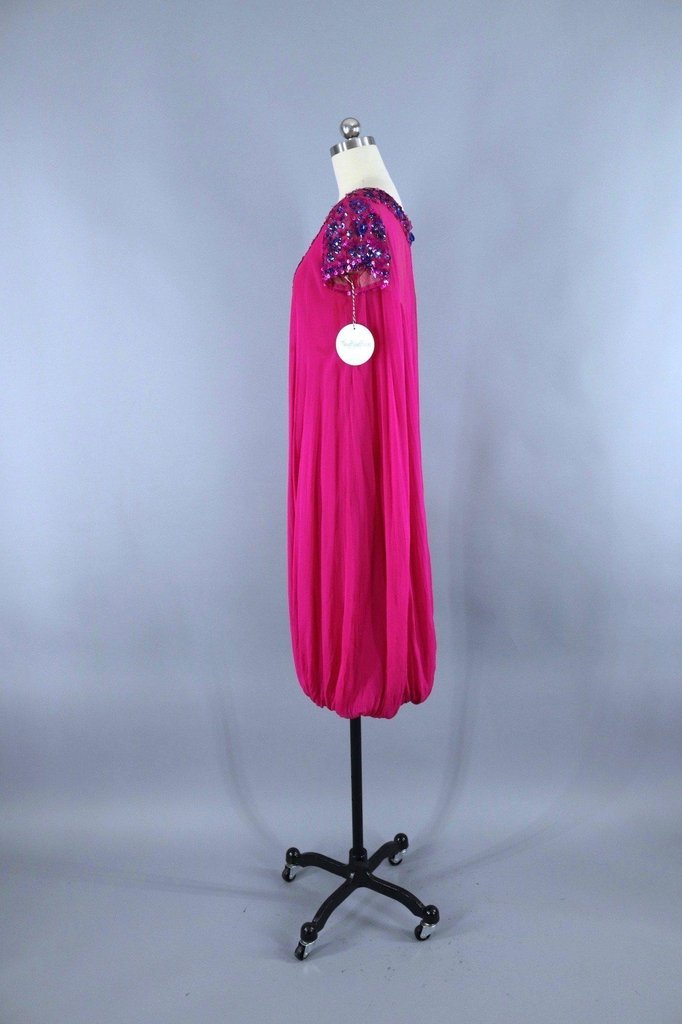 1960s Vintage Beaded Party Dress / Magenta Pink Chiffon - ThisBlueBird