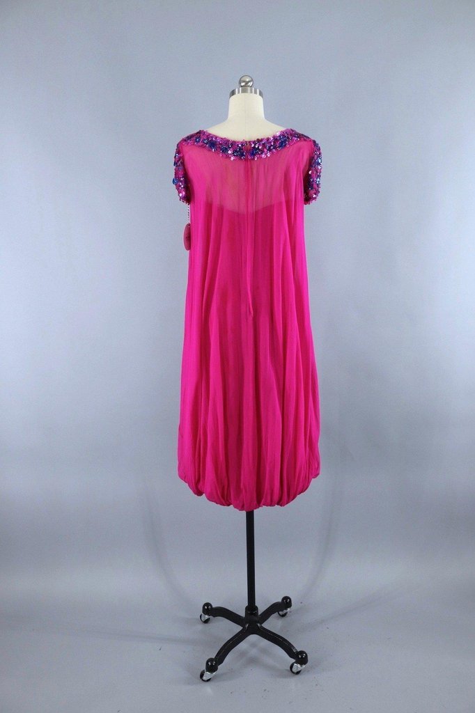 1960s Vintage Beaded Party Dress / Magenta Pink Chiffon - ThisBlueBird