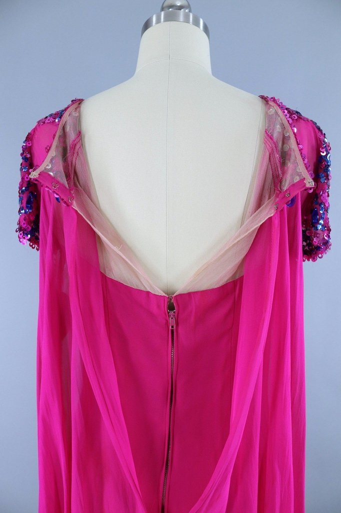 1960s Vintage Beaded Party Dress / Magenta Pink Chiffon - ThisBlueBird