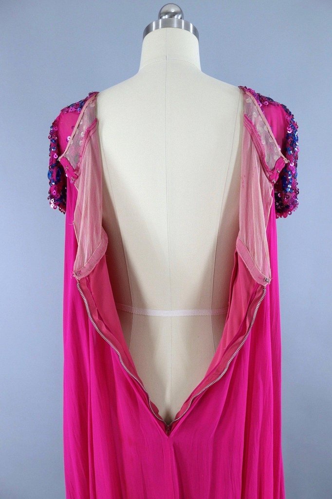 1960s Vintage Beaded Party Dress / Magenta Pink Chiffon - ThisBlueBird