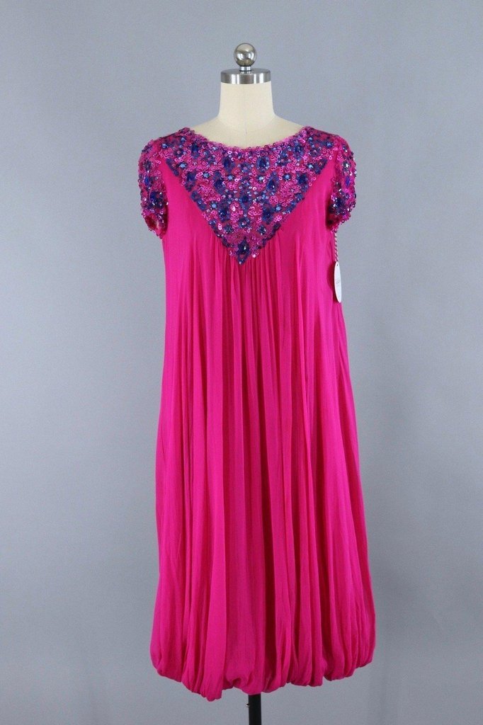 1960s Vintage Beaded Party Dress / Magenta Pink Chiffon - ThisBlueBird