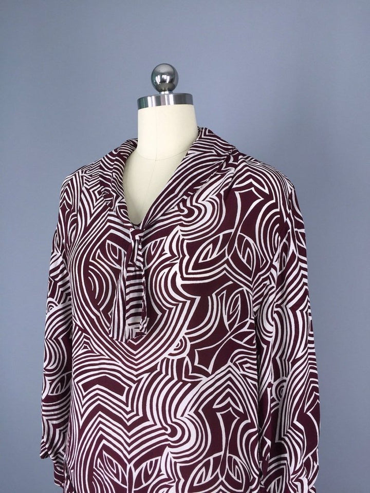 1980s Vintage Drop Waist Maroon Tribal Print Day Dress - ThisBlueBird