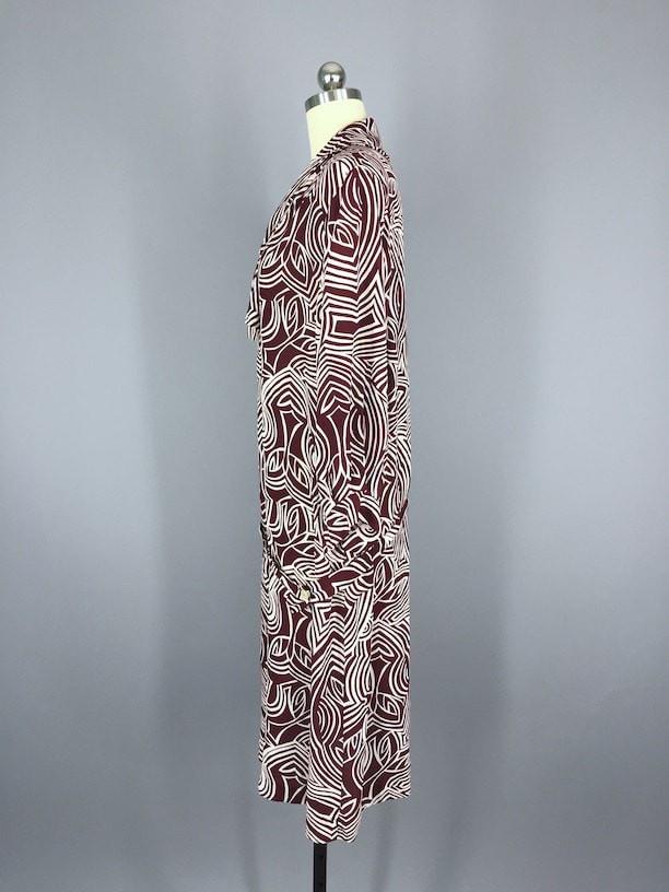 1980s Vintage Drop Waist Maroon Tribal Print Day Dress - ThisBlueBird