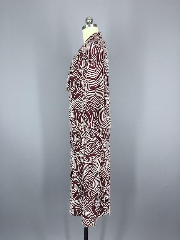 1980s Vintage Drop Waist Maroon Tribal Print Day Dress - ThisBlueBird