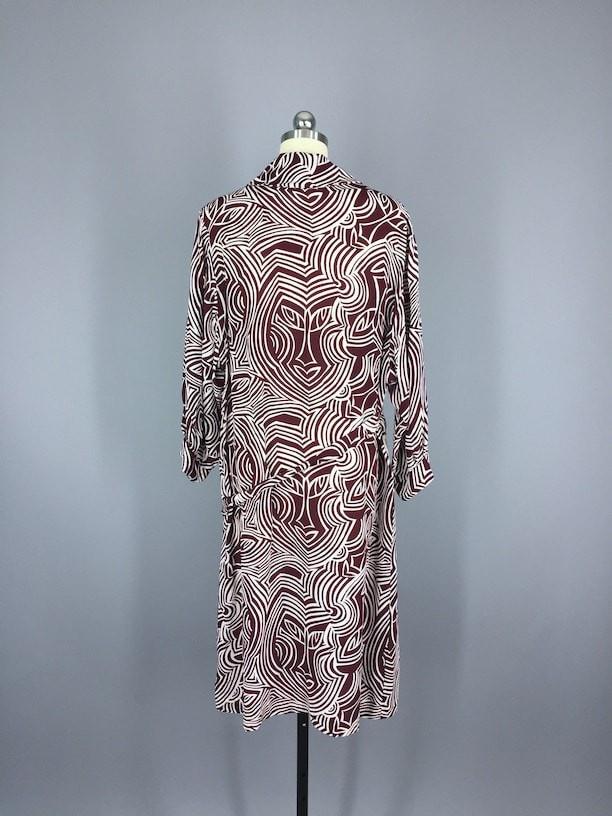 1980s Vintage Drop Waist Maroon Tribal Print Day Dress - ThisBlueBird