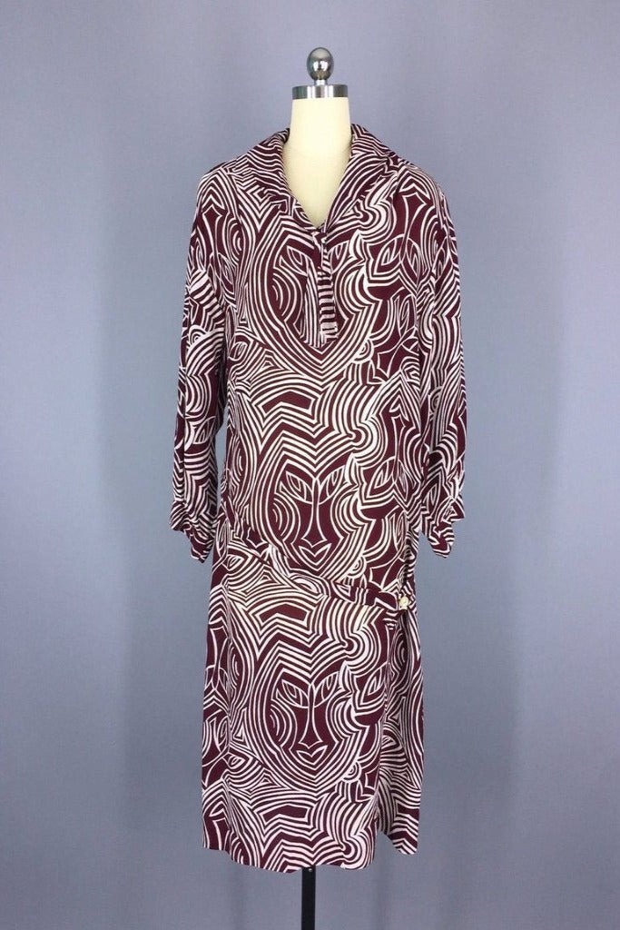 1980s Vintage Drop Waist Maroon Tribal Print Day Dress - ThisBlueBird