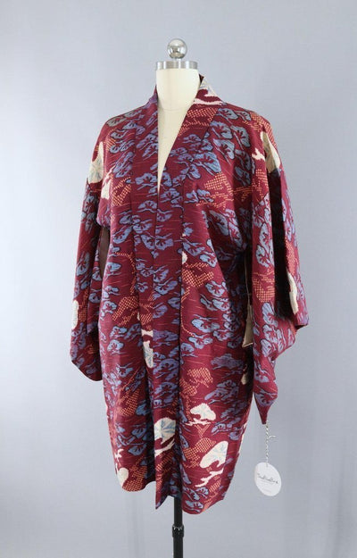 Vintage Kimono Cardigan Jacket / Dark Red Maroon Ikat - ThisBlueBird