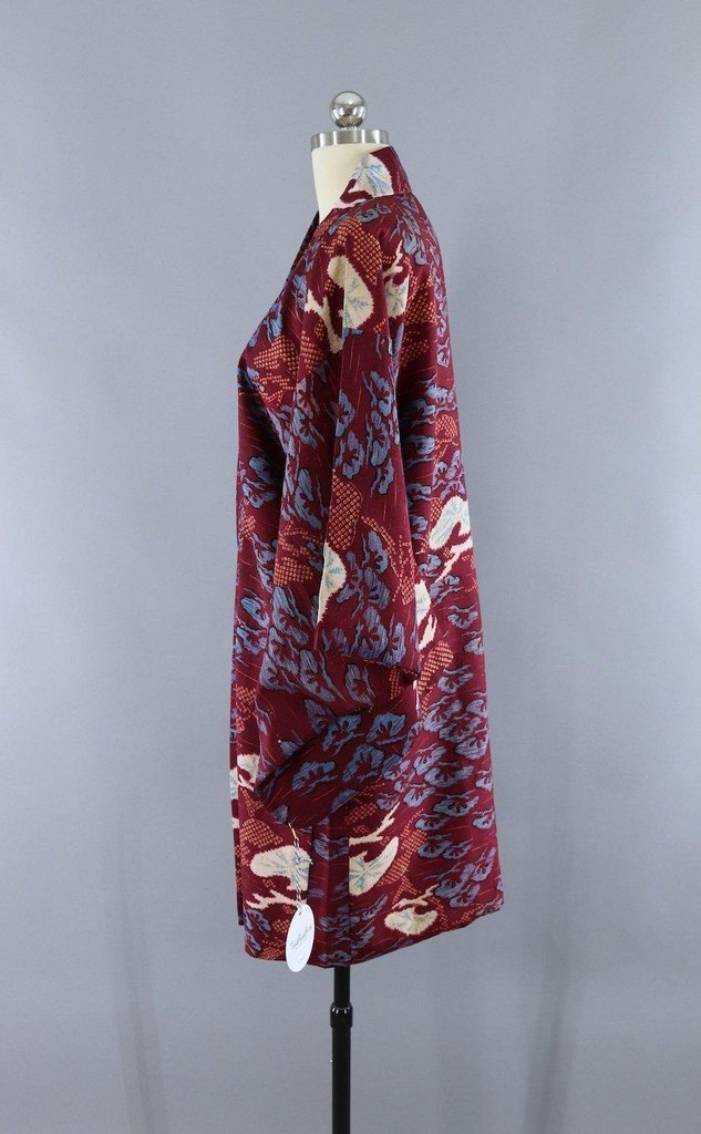 Vintage Kimono Cardigan Jacket / Dark Red Maroon Ikat - ThisBlueBird