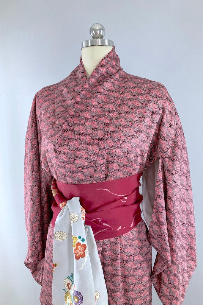 Vintage Maroon Red Floral Silk Kimono-ThisBlueBird