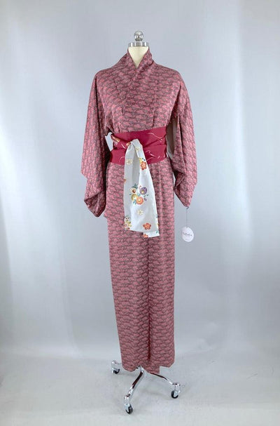 Vintage Maroon Red Floral Silk Kimono-ThisBlueBird