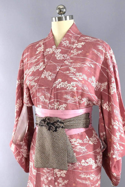 Vintage Silk Kimono Robe / Mauve Pink and White Floral-ThisBlueBird