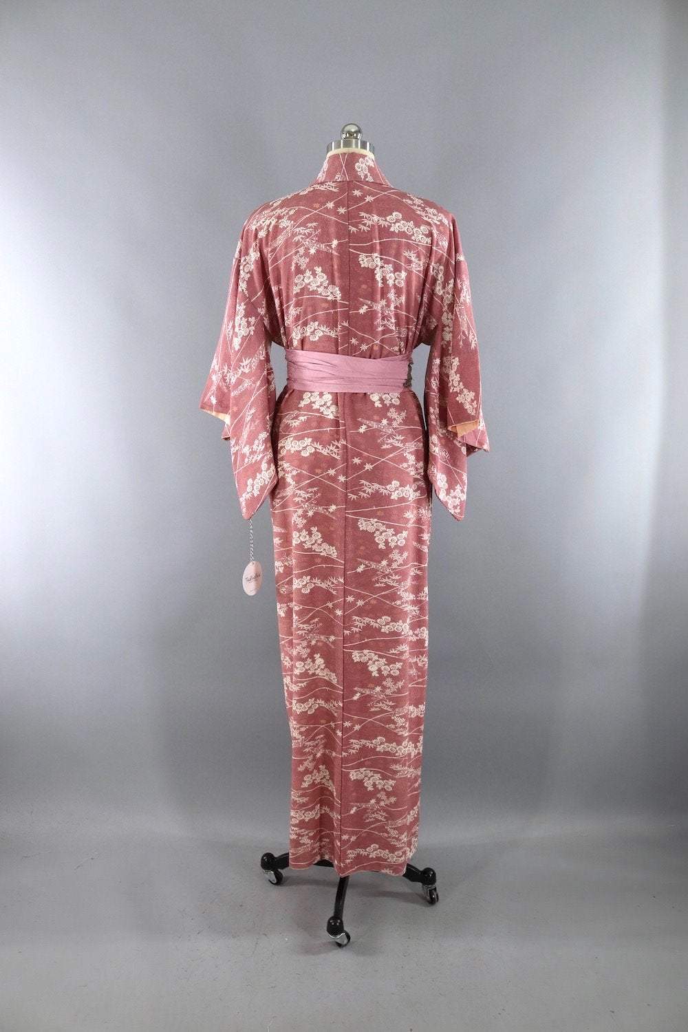 Vintage Silk Kimono Robe / Mauve Pink and White Floral-ThisBlueBird