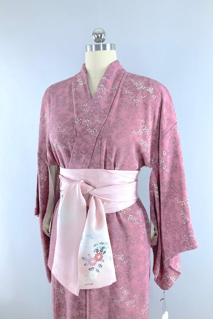 Vintage Mauve Pink Floral Print Silk Kimono Robe-ThisBlueBird