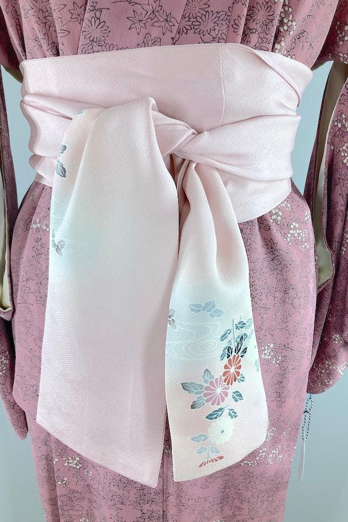 Vintage Mauve Pink Floral Print Silk Kimono Robe-ThisBlueBird