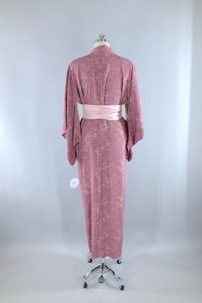 Vintage Mauve Pink Floral Print Silk Kimono Robe-ThisBlueBird