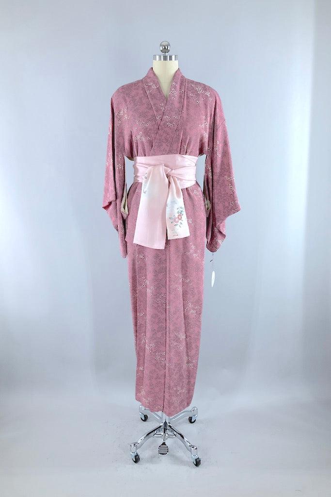 Vintage Mauve Pink Floral Print Silk Kimono Robe-ThisBlueBird