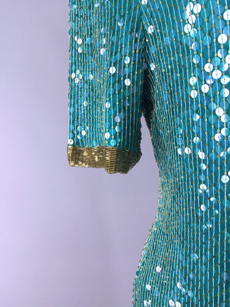 1980s Vintage Sequined Green Beaded Trophy Dress - ThisBlueBird