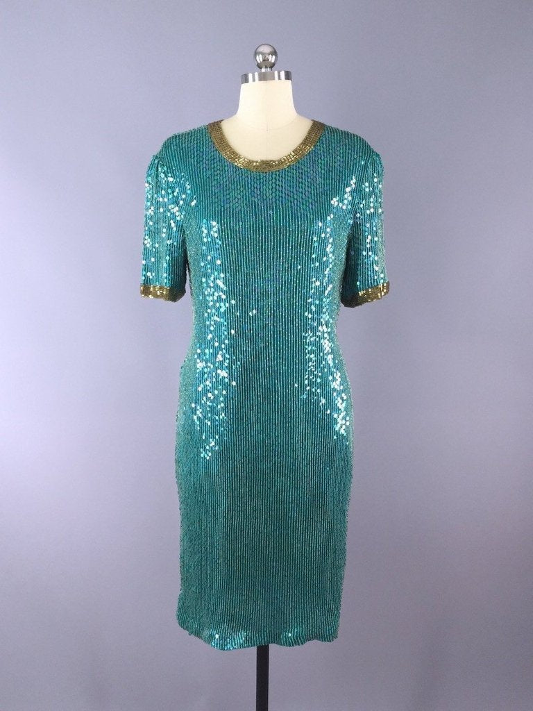 1980s Vintage Sequined Green Beaded Trophy Dress - ThisBlueBird