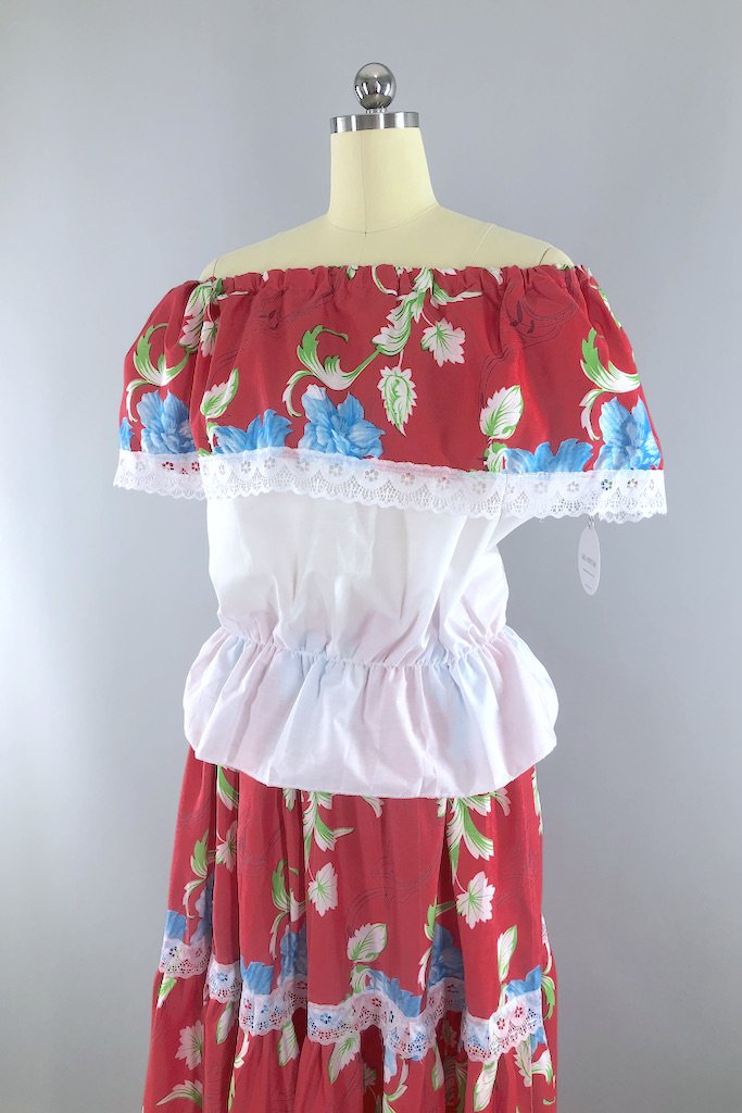 Vintage Mexican Red Floral Dress Set-ThisBlueBird - Modern Vintage