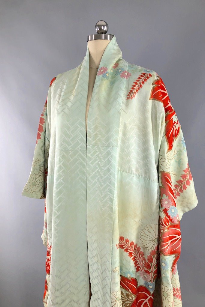 Vintage Mint & Coral Silk Kimono Robe-ThisBlueBird - Modern Vintage