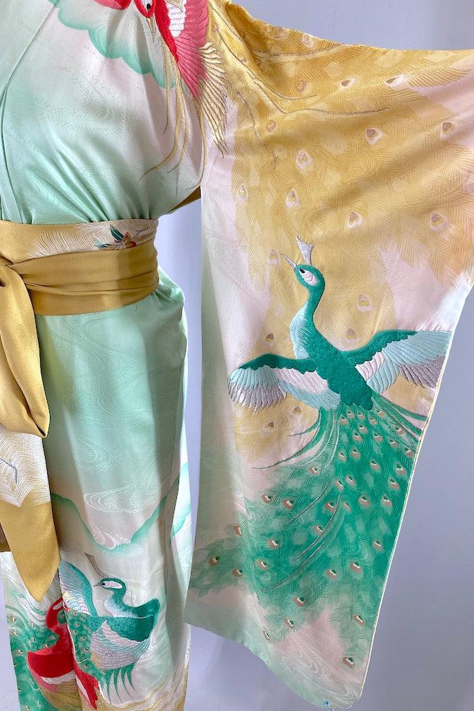 Vintage Mint Embroidered Peacocks Floral Kimono Robe-ThisBlueBird