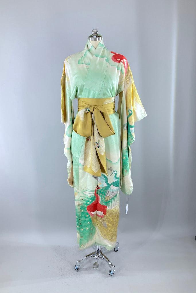 Vintage Mint Embroidered Peacocks Floral Kimono Robe-ThisBlueBird