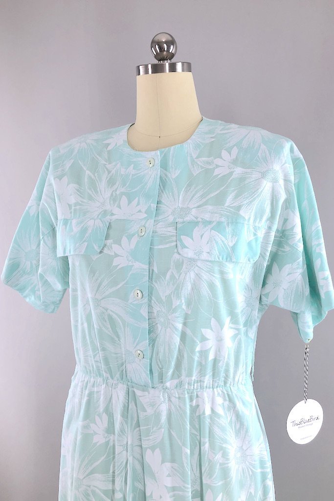 Vintage Mint Floral Print Dress-ThisBlueBird - Modern Vintage
