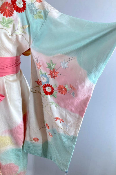 Vintage Mint Green Embroidered Silk Kimono Robe-ThisBlueBird