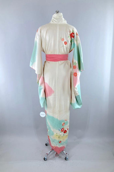 Vintage Mint Green Embroidered Silk Kimono Robe-ThisBlueBird