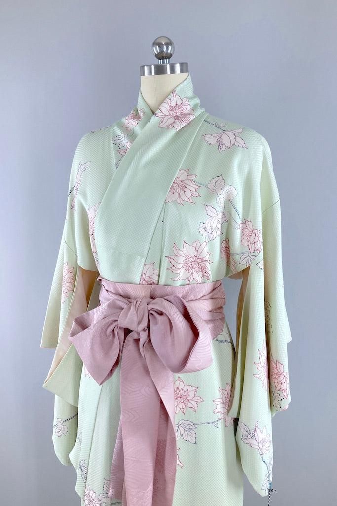 Vintage Mint Green Peony Silk Kimono Robe-ThisBlueBird