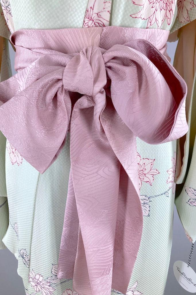 Vintage Mint Green Peony Silk Kimono Robe-ThisBlueBird