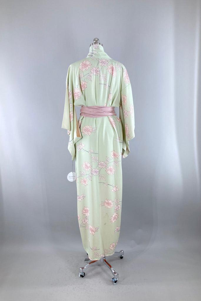 Vintage Mint Green Peony Silk Kimono Robe-ThisBlueBird