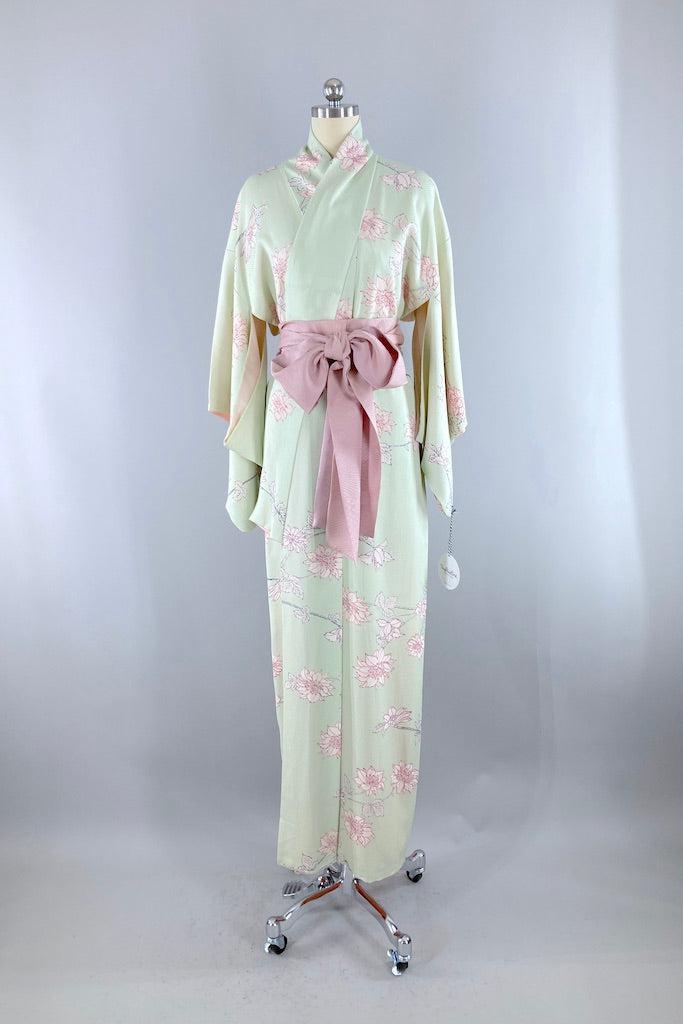 Vintage Mint Green Peony Silk Kimono Robe-ThisBlueBird