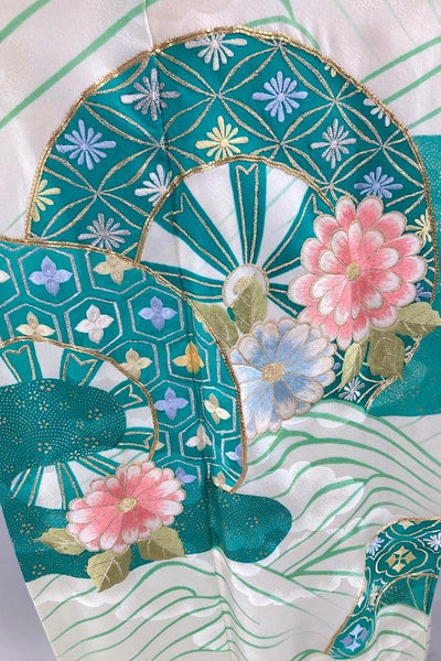 Vintage Mint Green & Pink Floral Silk Kimono Robe-ThisBlueBird