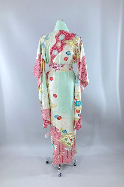 Vintage Mint Green & Pink Shibori Silk Kimono-ThisBlueBird