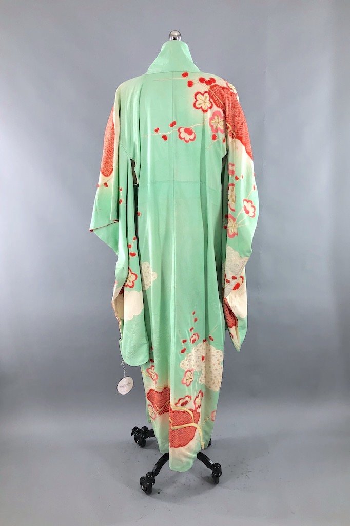 Vintage Mint Green & Pink Silk Kimono Robe-ThisBlueBird - Modern Vintage