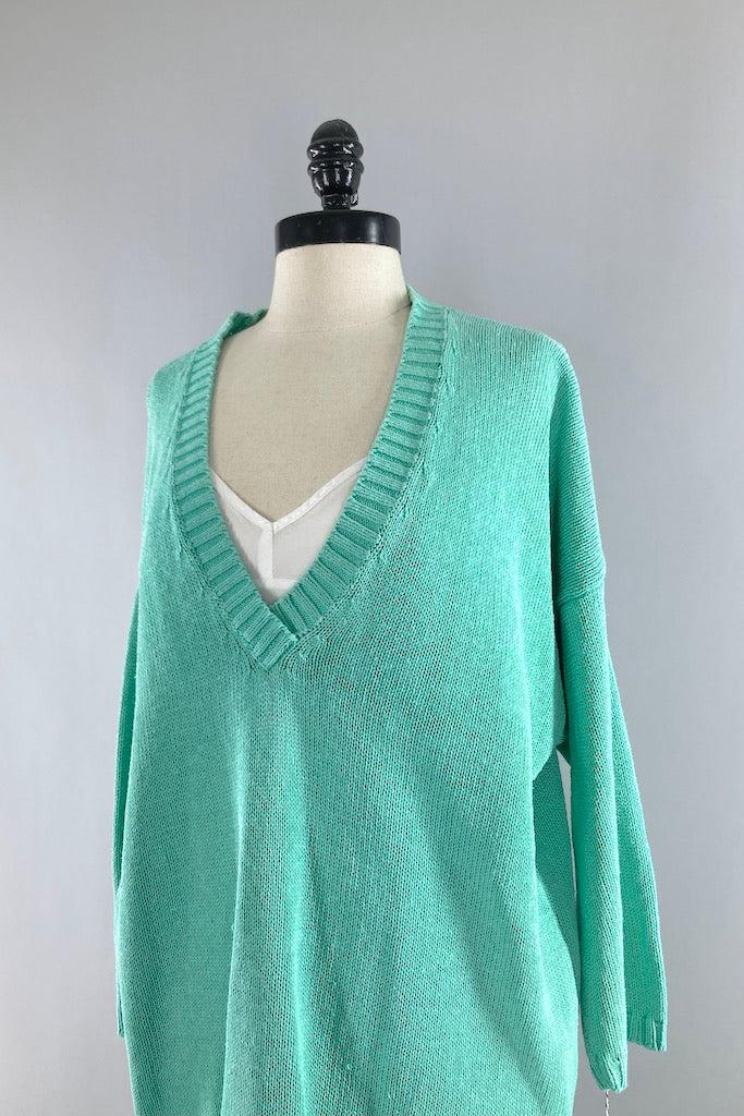 Vintage Mint Green V-Neck Sweater-ThisBlueBird