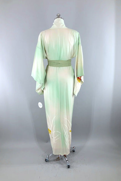Vintage Mint Peony Floral Silk Kimono Robe-ThisBlueBird - Modern Vintage