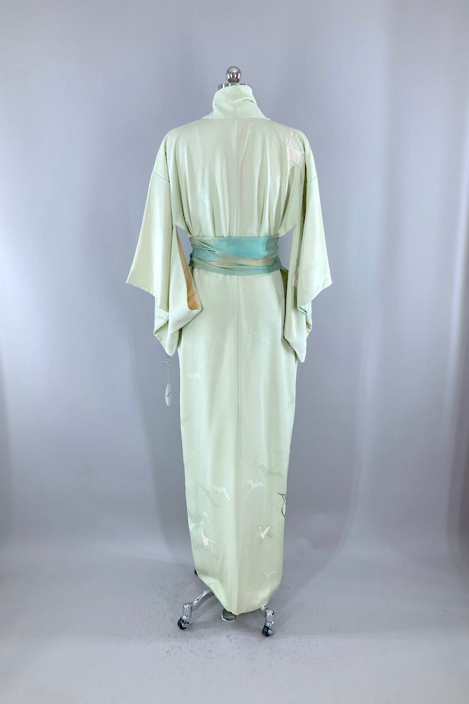 Vintage Minty Beaded Birds Silk Kimono Robe-ThisBlueBird