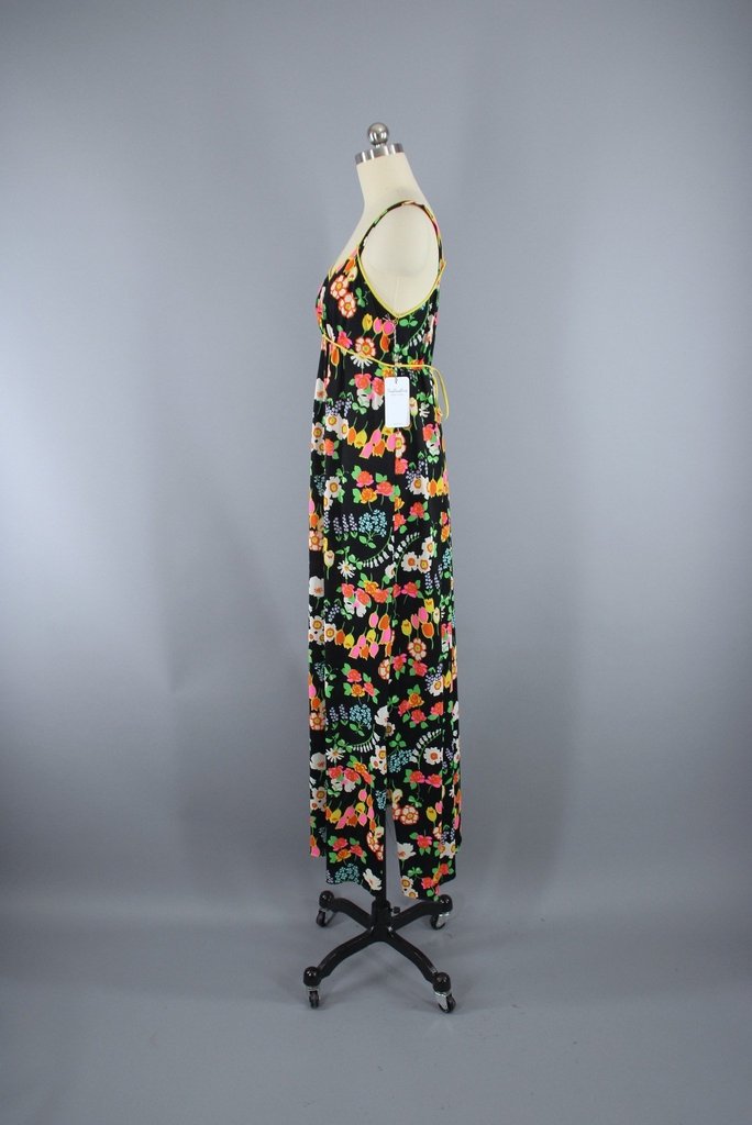 Vintage 1970s Miss Elaine Black Floral Print Nightgown - ThisBlueBird