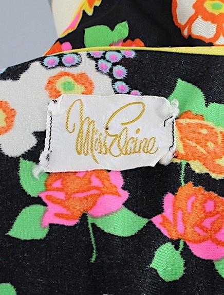 Vintage 1970s Miss Elaine Black Floral Print Nightgown - ThisBlueBird