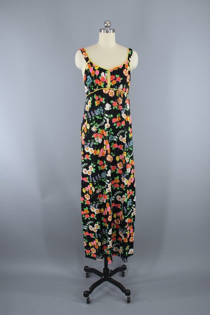 Vintage 1970s Miss Elaine Black Floral Print Nightgown - ThisBlueBird