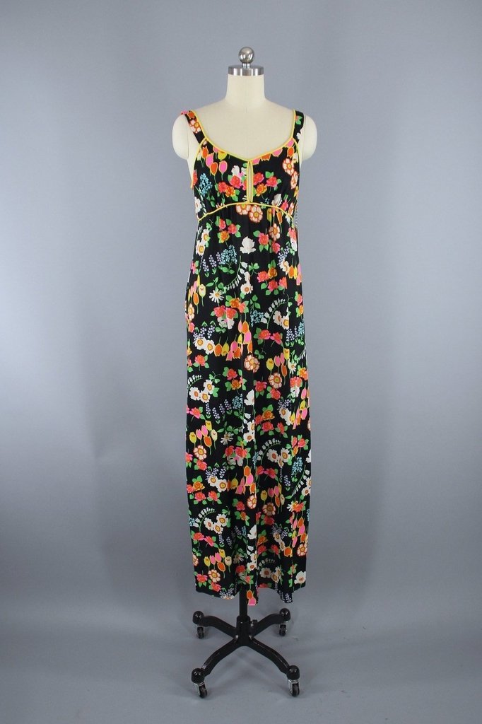 Vintage 1970s Miss Elaine Black Floral Print Nightgown - ThisBlueBird