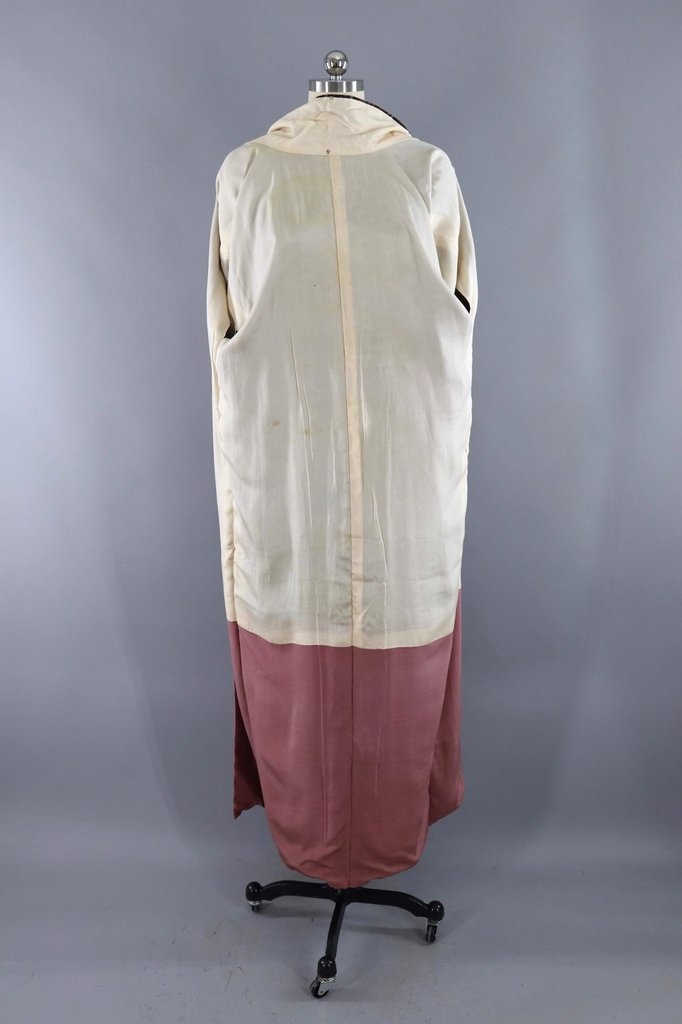 Vintage Silk Kimono Robe / Mocha Brown and Pink Batik - ThisBlueBird