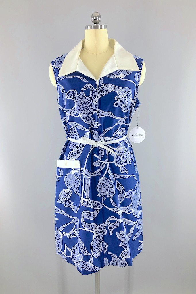 Vintage Mod Blue Floral Shift Dress-ThisBlueBird